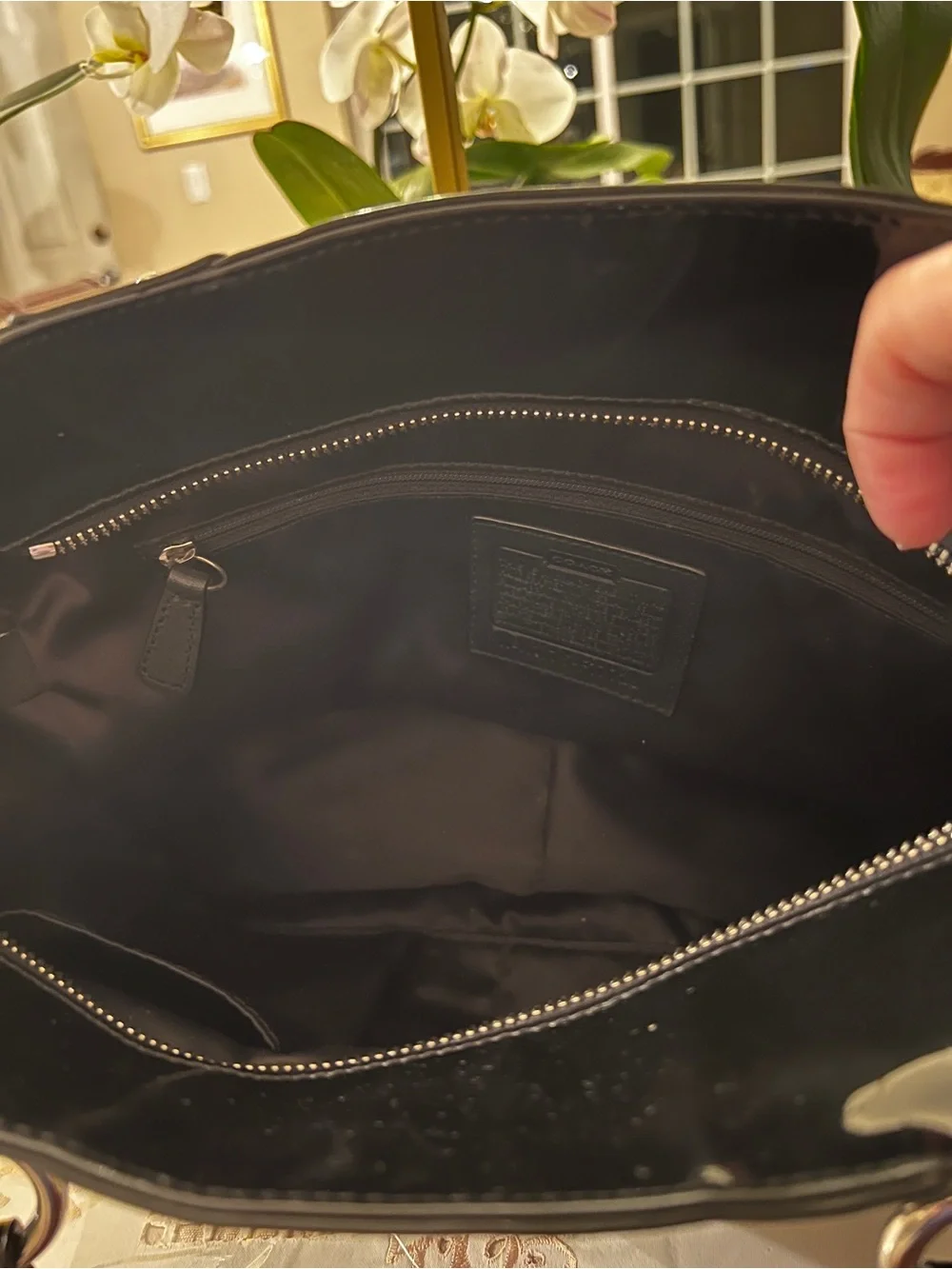 Coach Black Patent Embossed Signature Tote | Glossy Shoulder Bag Silver Hardware